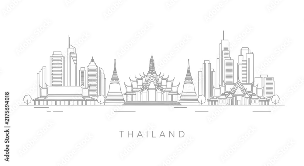 Obraz premium Bangkok Skyline Silhouette, Thailand Landmark Architecture, Travel Landmark