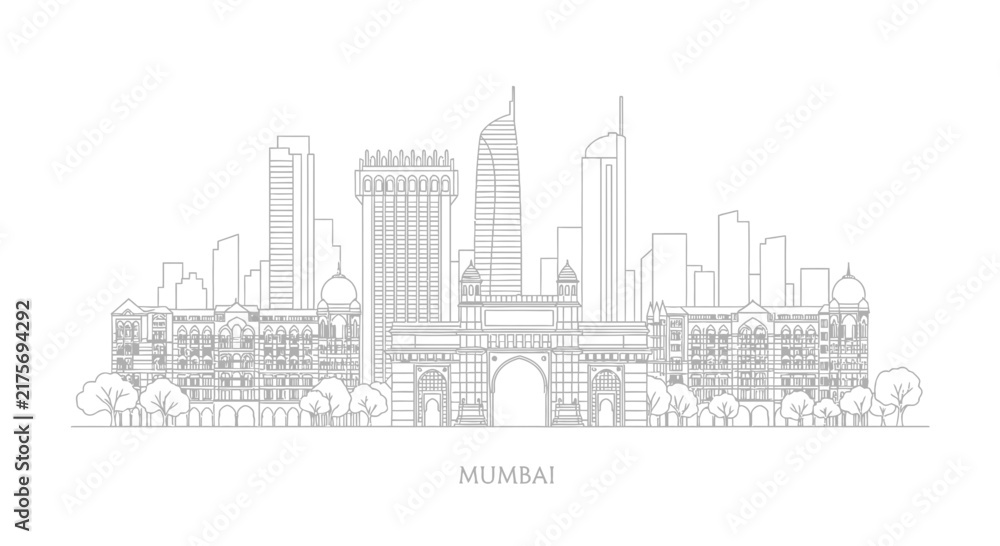 Fototapeta premium Mumbai Skyline Cityscape Landmark Line Art Illustration Isolated