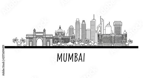 Mumbai Skyline Drawing: Iconic Architecture and Landmarks on Transparent Background