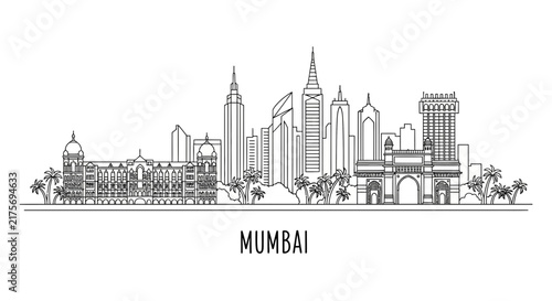 Mumbai Skyline Line Art - India Cityscape with Famous Landmarks