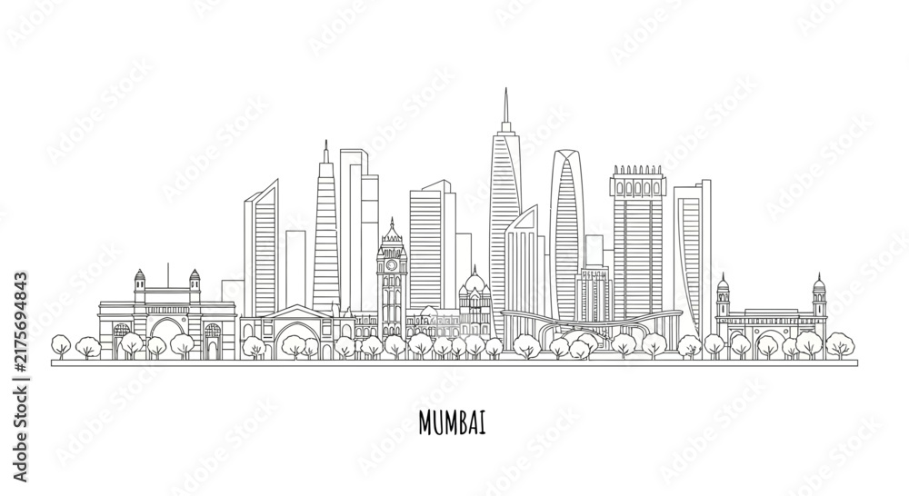 Fototapeta premium Mumbai Skyline Outline Illustration - Famous Indian Cityscape Line Art