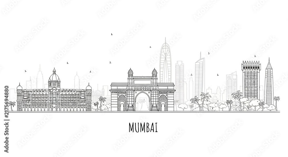 Fototapeta premium Mumbai Skyline Outline with Gateway of India Landmark