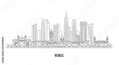 Mumbai Skyline Outline Illustration - Famous Indian Cityscape Line Art