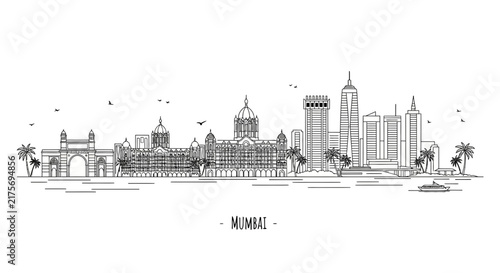 Mumbai Skyline Outline Illustration - India Cityscape Drawing