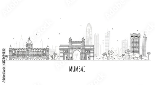 Mumbai Skyline Outline with Gateway of India Landmark