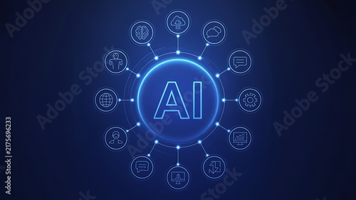Artificial intelligence concept with glowing ai symbol and connected digital technology icons
