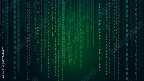 Abstract green digital data stream with glowing numbers and binary code on dark background