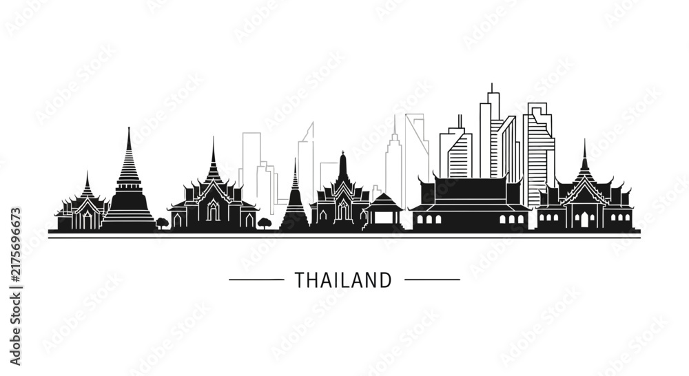 Obraz premium Bangkok Skyline Silhouette, Thailand Landmarks, Modern and Traditional Architecture