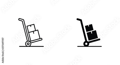Hand truck with cardboard boxes black line icon set on white background