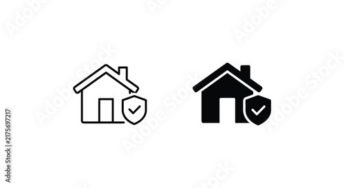 Home security icon with shield and checkmark black and white design