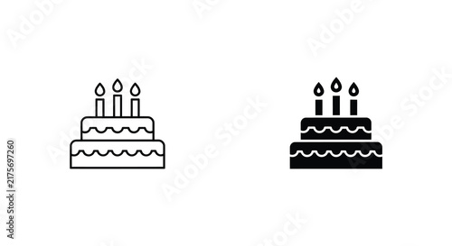 Cake with candles icon black and white line art illustration