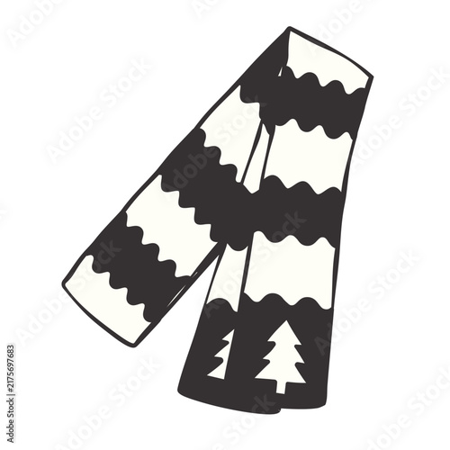 Wavy striped winter scarf with pine tree detail, simple cartoon illustration for festive warm designs and comfort themes, stylish decorative element, isolated on white background