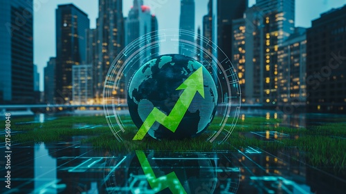 Digital financial growth concept with rising arrow over modern city skyline and water reflection