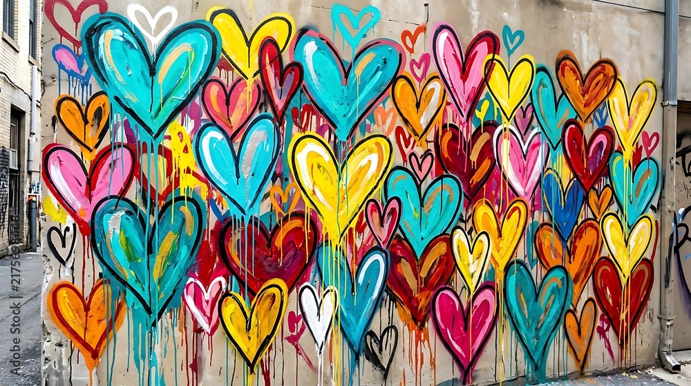 Fototapeta premium Colorful heart graffiti mural on urban concrete wall, vibrant street art background.