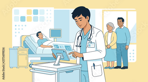 Doctor Using Tablet in Hospital Room with Patient and Family