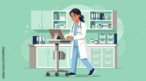 Doctor using tablet in clinic, modern healthcare, medical technology