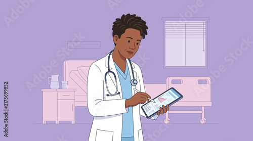 Doctor using tablet in hospital room, healthcare, medical technology
