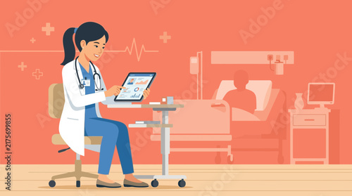 Doctor Using Tablet in Hospital Room with Patient