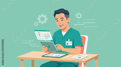 Doctor using tablet with medical data analysis and charts, healthcare technology