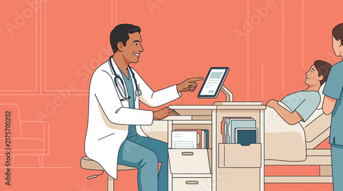 Doctor using tablet with patient and nurse in hospital room
