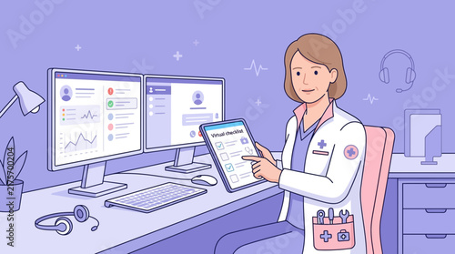 Doctor using tablet with patient data on computer screens, telemedicine concept