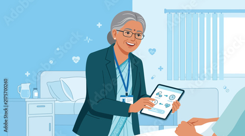 Doctor using tablet with patient in hospital room, healthcare, medical consultation