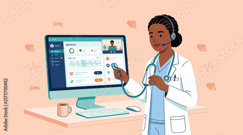 Doctor Using Telemedicine Computer With Stethoscope, Isolated Subject