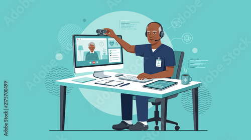 Doctor using telemedicine computer with video call for remote patient consultation