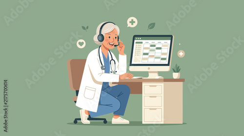 Doctor Using Headset and Computer for Telemedicine Consultation