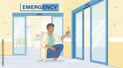 Doctor using key card to open automatic sliding doors at hospital entrance