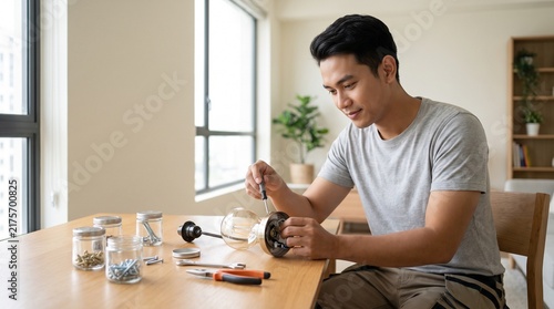 Young Man Repairing a Household Item for Sustainable Living