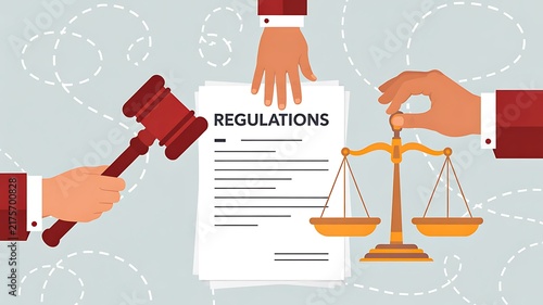 Regulations document with gavel and scales representing law justice compliance and government policy