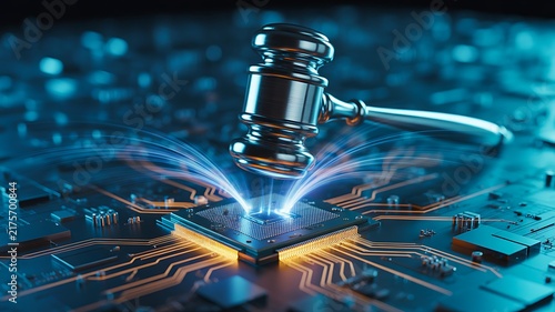 Digital gavel representing law justice regulation and cybersecurity technology on electronic circuit
