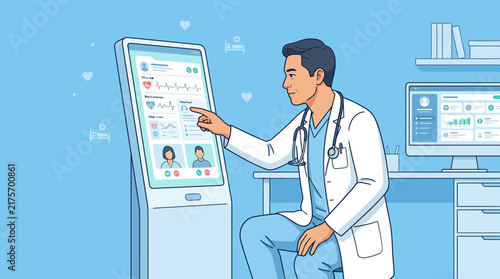 Doctor using futuristic digital kiosk for patient care and health monitoring
