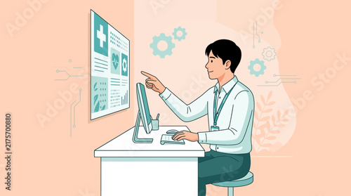 Doctor using futuristic medical interface and computer at desk, isolated