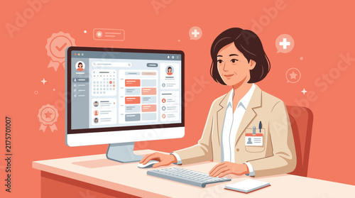 Doctor using computer for medical appointments and records on transparent background