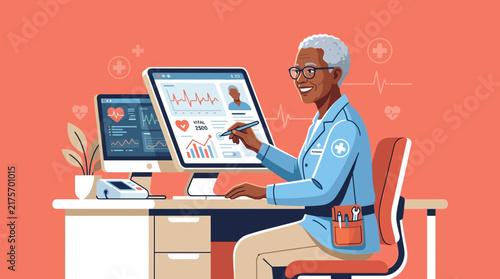 Doctor using computer for medical analysis, digital health, healthcare technology