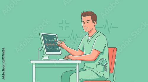 Doctor using computer for medical data analysis, healthcare technology