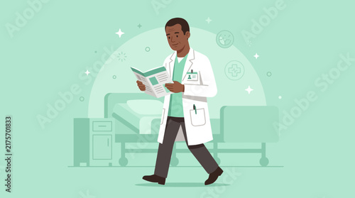 Doctor Reading Newspaper in Hospital Room, Healthcare Illustration