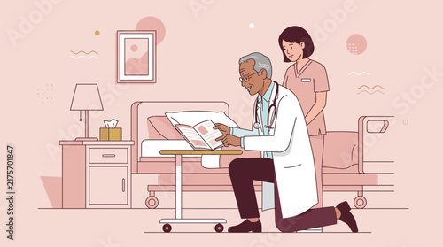 Doctor reading to patient in hospital bed, nurse looking on, transparent background