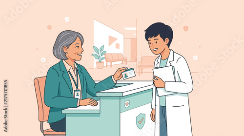 Doctor Receiving Patient ID at Healthcare Reception Desk
