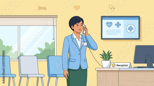 Doctor Receptionist Talking on Phone in Medical Office Waiting Area