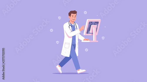 Doctor reviewing medical scan on computer, illustration