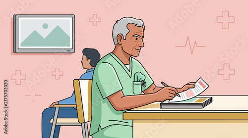 Doctor reviewing patient chart at desk, medical office interior, illustration