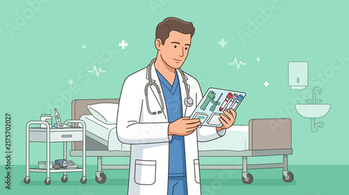 Doctor reviewing medical results in hospital room, illustration