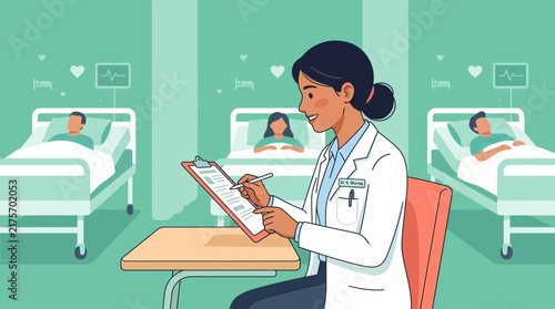 Doctor reviewing patient chart in hospital room with beds and IVs