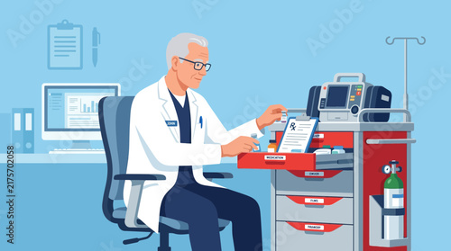Doctor reviewing patient chart at medical cart