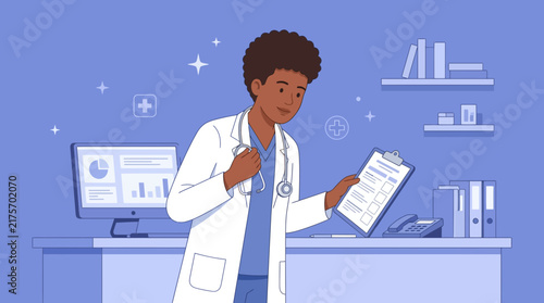 Doctor reviewing patient chart on clipboard, computer and desk