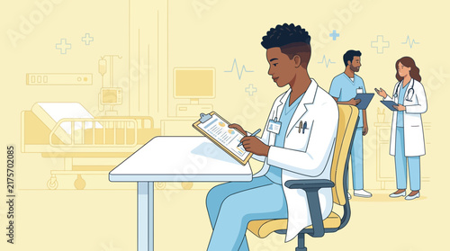 Doctor reviewing patient chart in hospital room, medical team in background