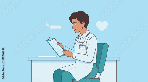 Doctor reviewing patient chart on clipboard, isolated on transparent background